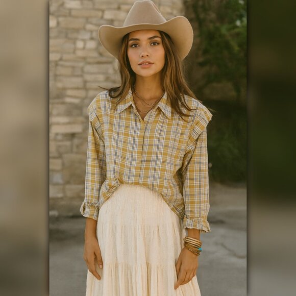 A478 ☼ Plaid Puff Shoulder Button Down Shirt - Picture 1 of 5